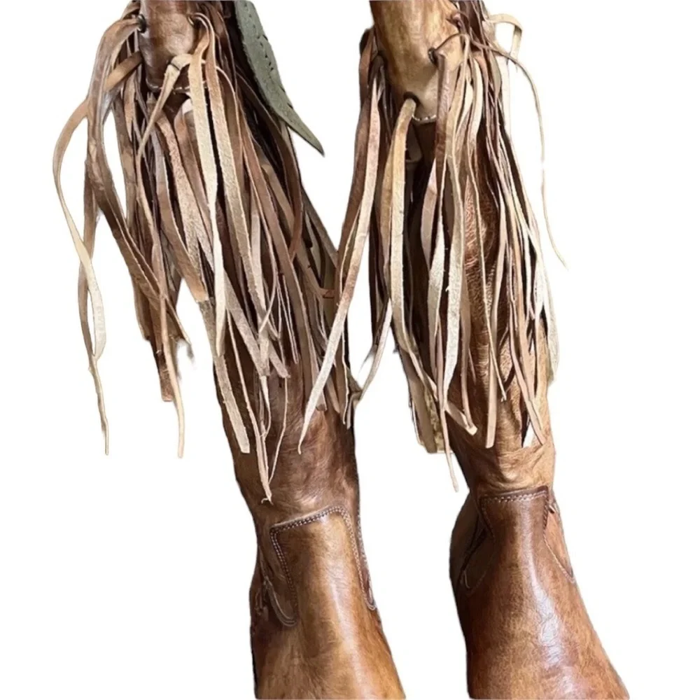 BED STU Hoplia Tan Driftwood Fringe Trim Riding Boots Size 7.5